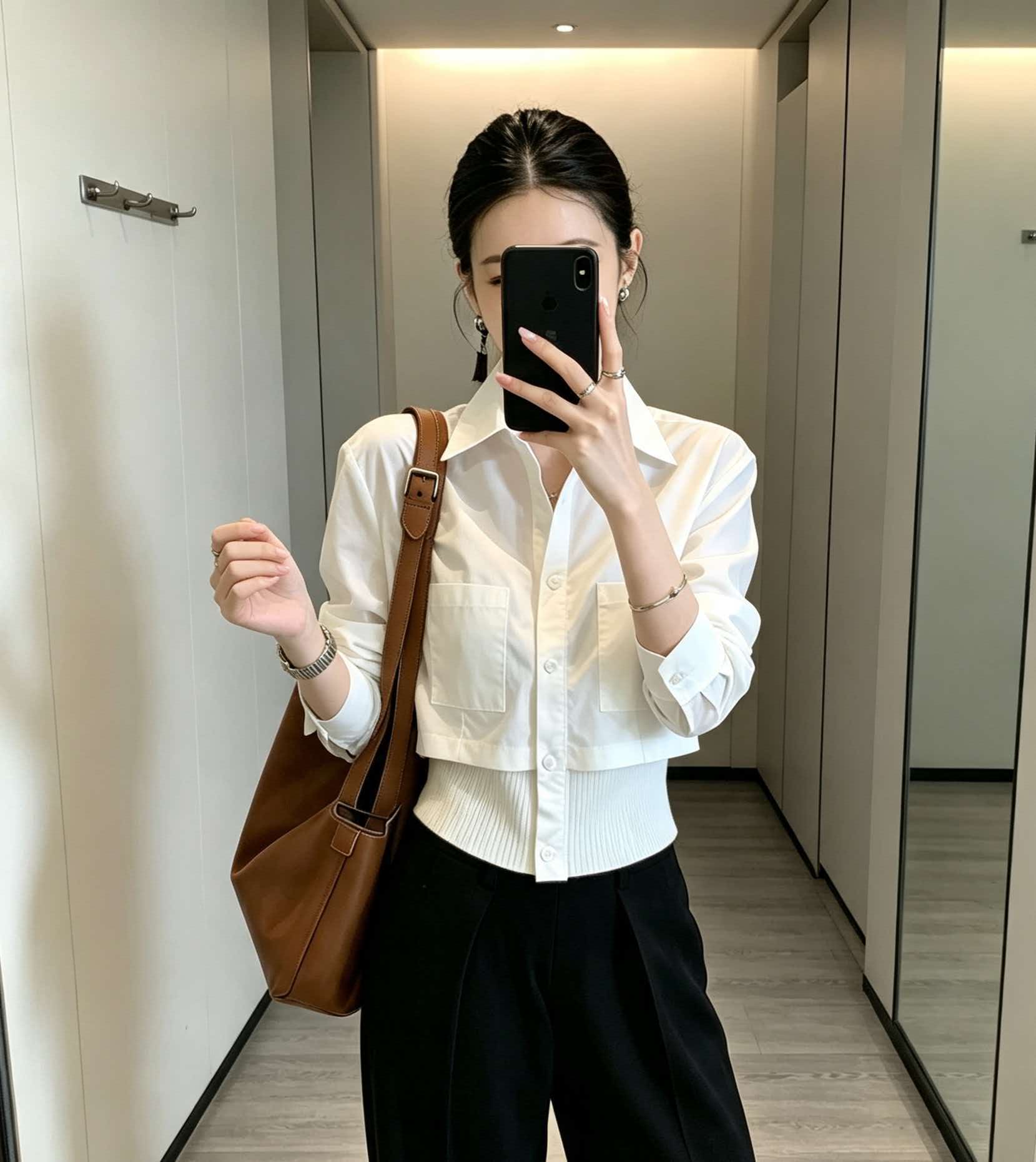 Women's White Collared Spliced Knit Waist Shirt 2026 Fall French Style Top - Image 3