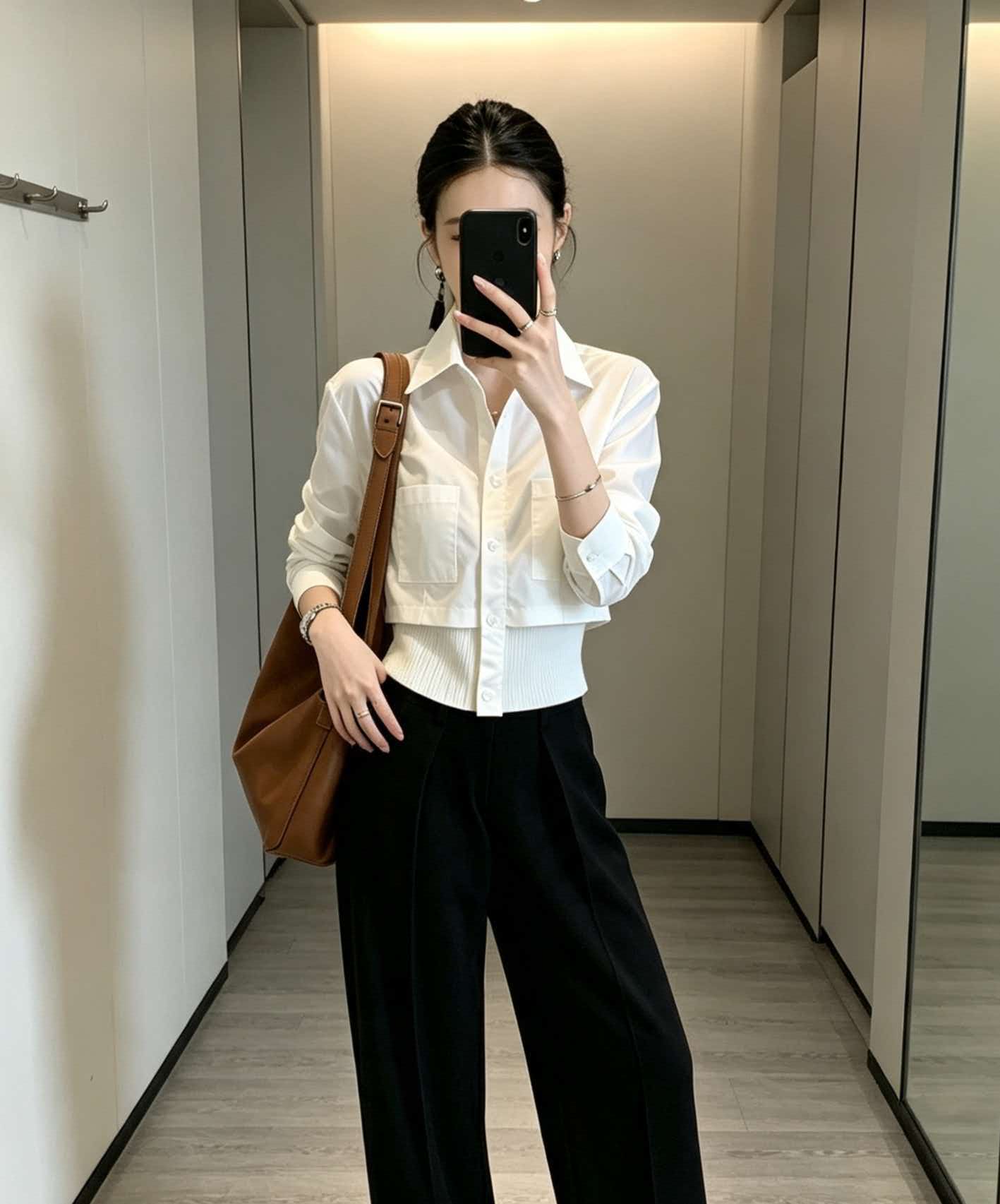 Women's White Collared Spliced Knit Waist Shirt 2026 Fall French Style Top - Image 4