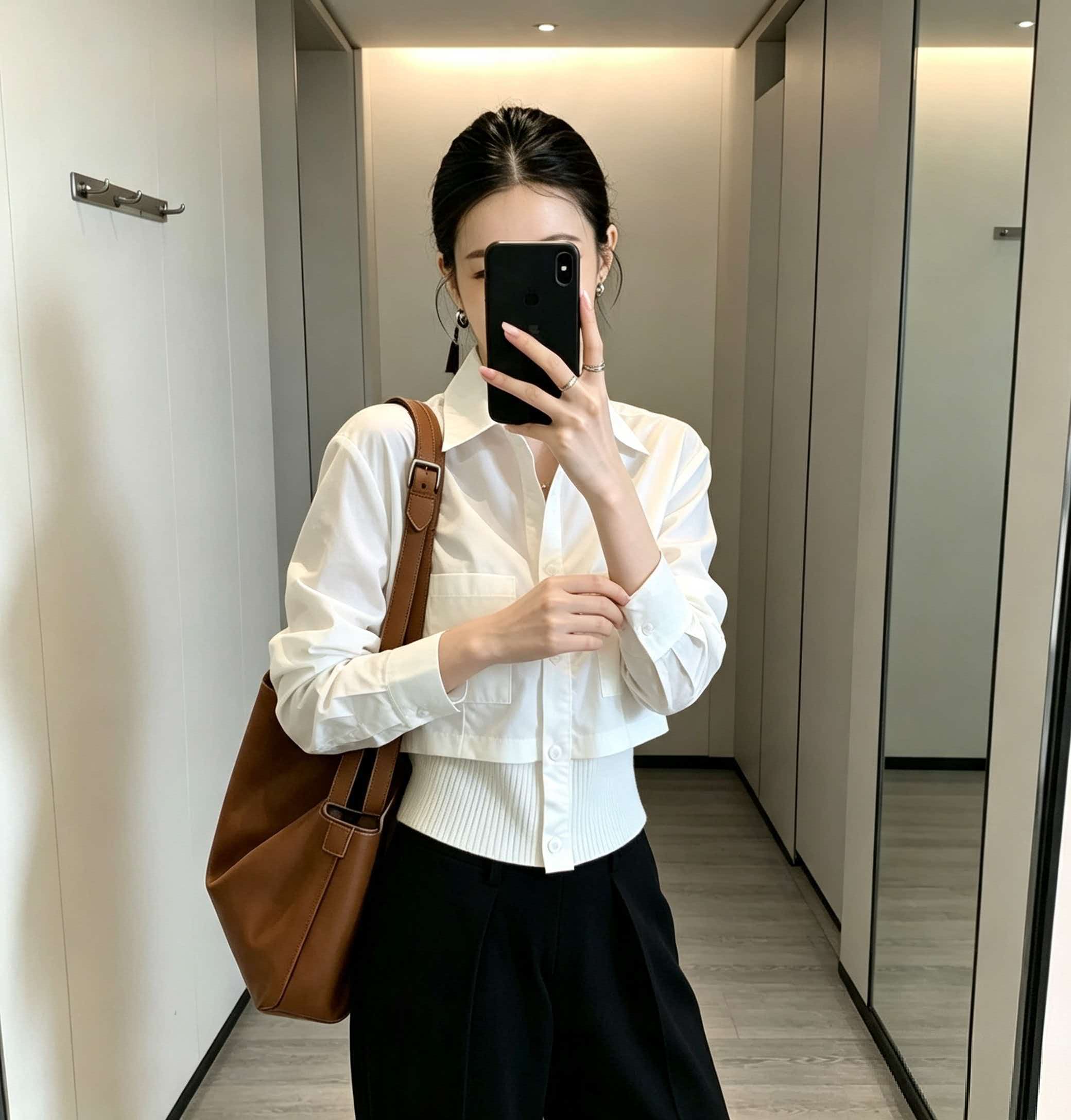 Women's White Collared Spliced Knit Waist Shirt 2026 Fall French Style Top - Image 2