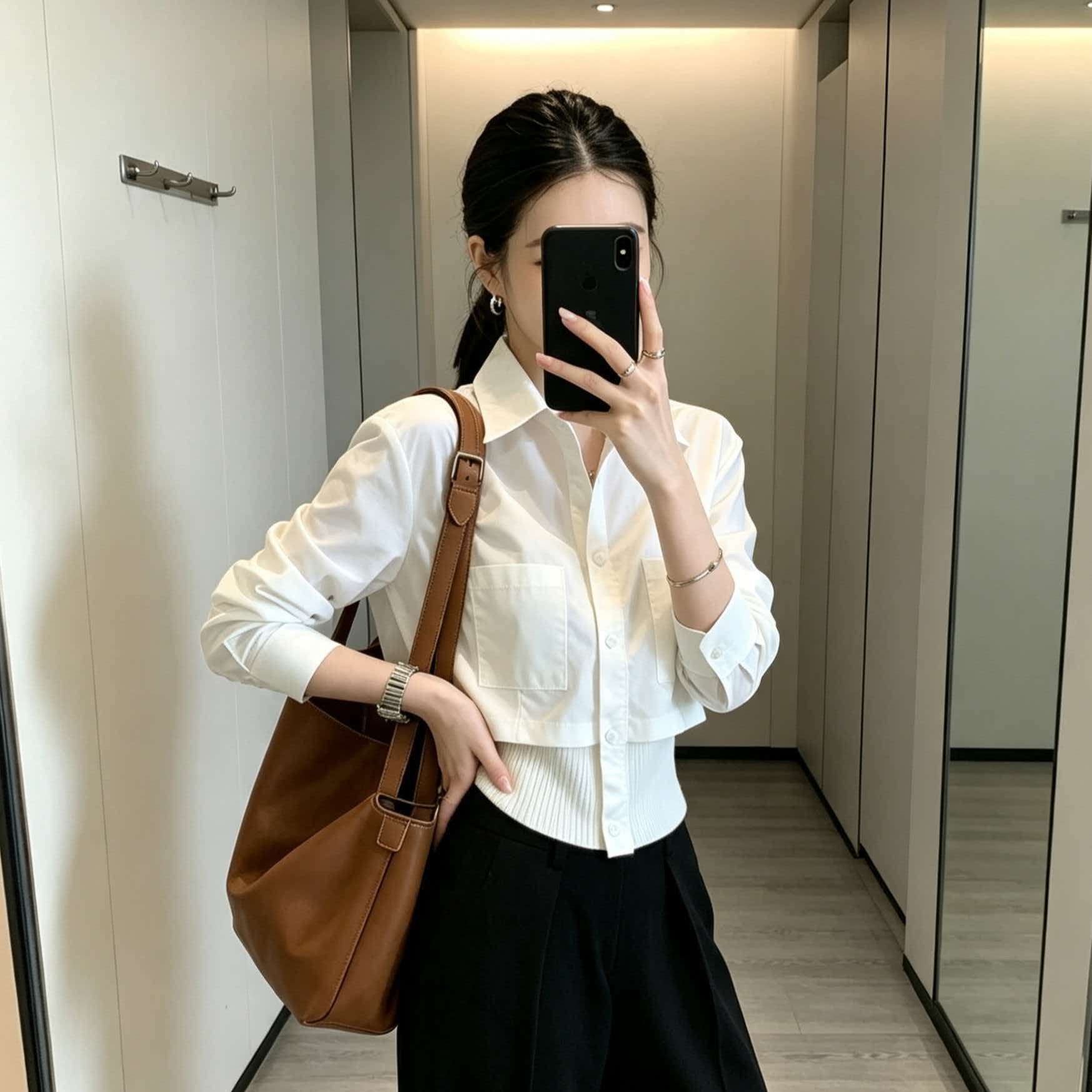 Women's White Collared Spliced Knit Waist Shirt 2026 Fall French Style Top - Image 5
