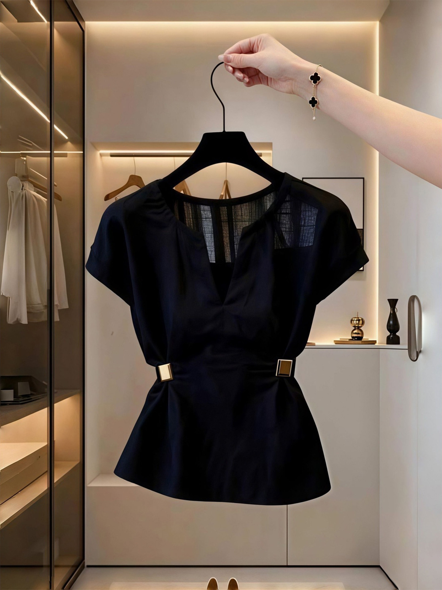 Black V-Neck Metal Button Waist-Cinched Short Sleeve Shirt Women 2026 Summer French Commuter Top - Image 2