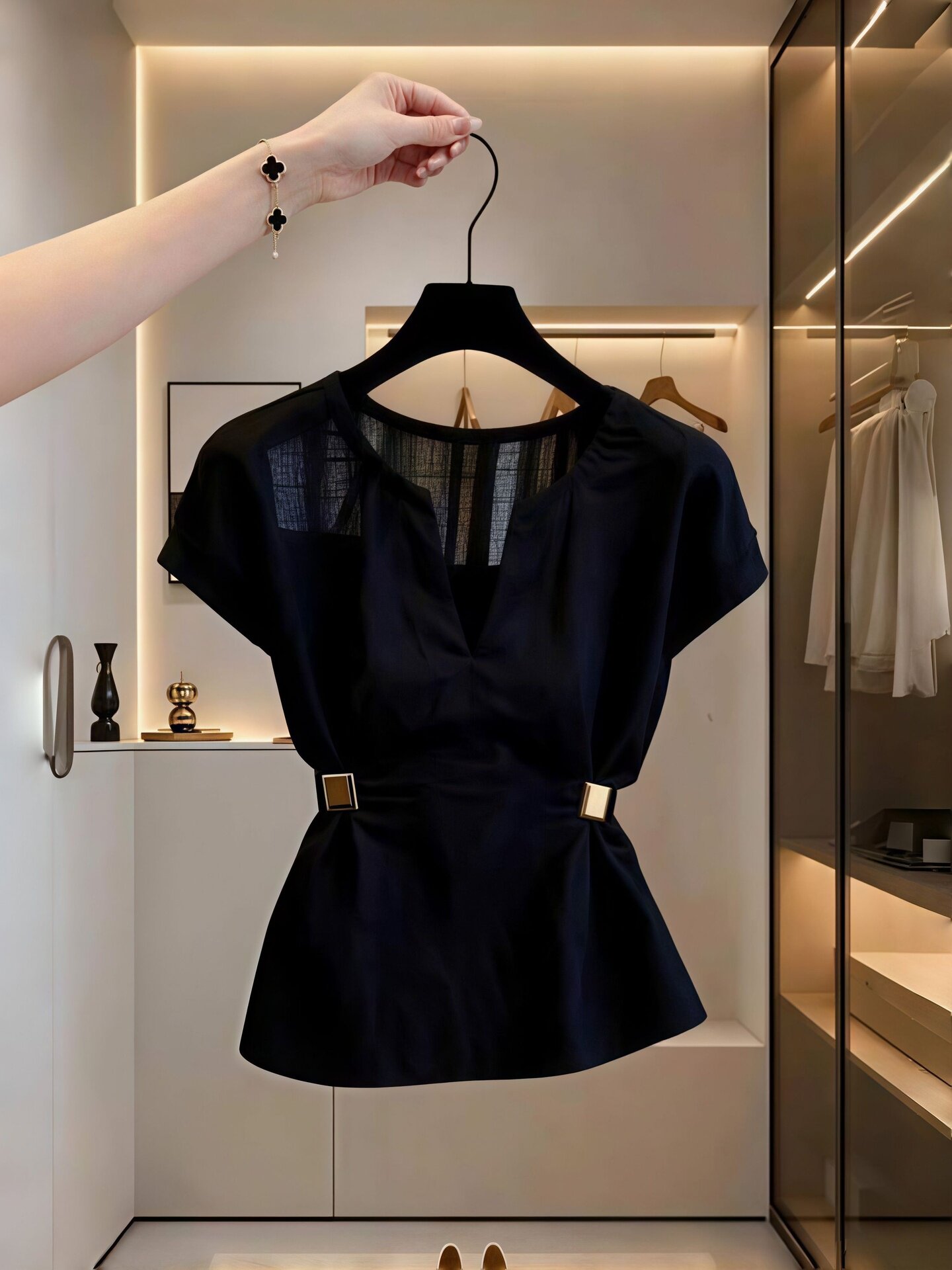 Black V-Neck Metal Button Waist-Cinched Short Sleeve Shirt Women 2026 Summer French Commuter Top