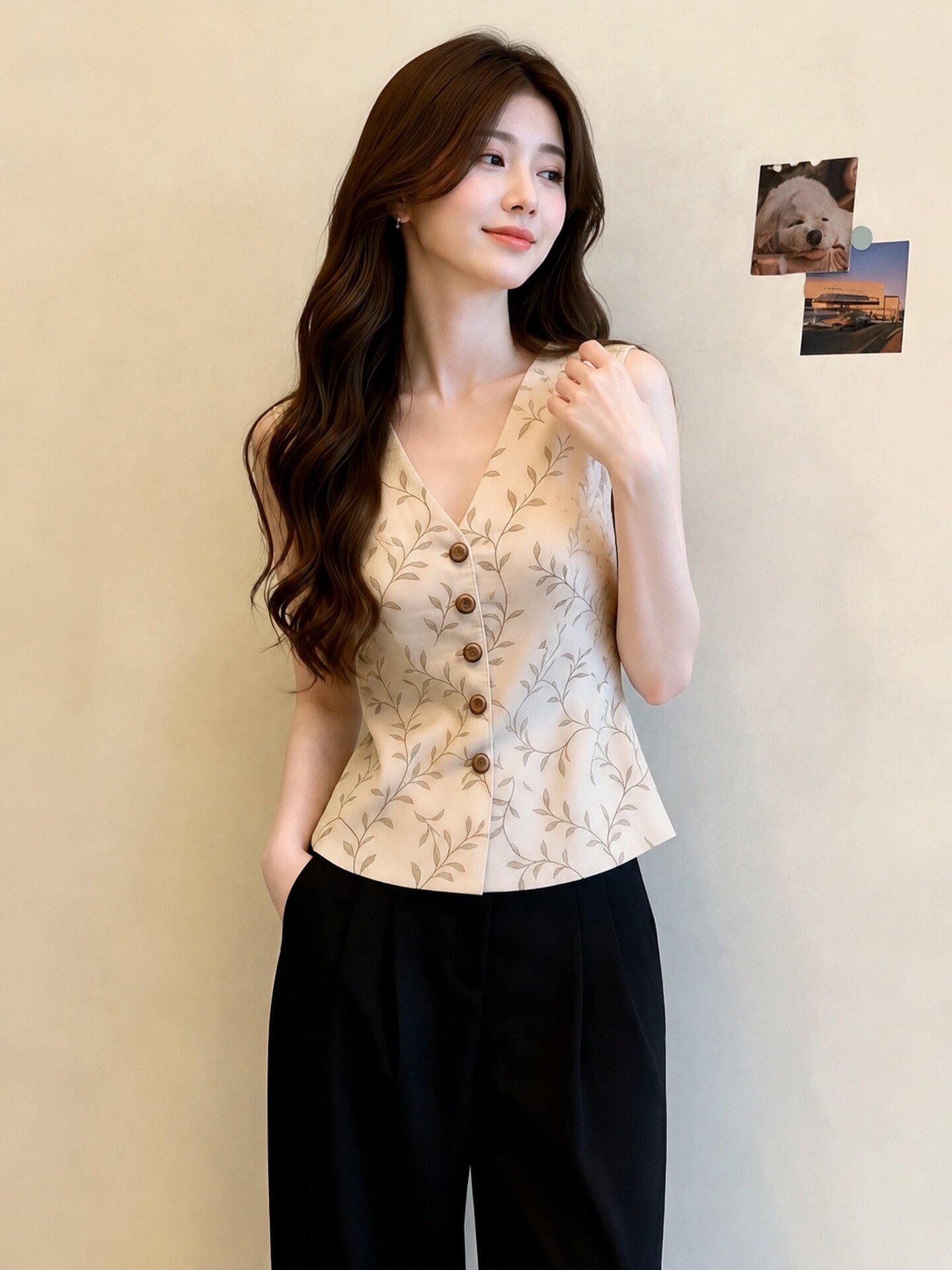 Beige Patterned Sleeveless Top for Women Summer 2026 Loose Plus Size Tummy Covering Unique Cami - Image 3