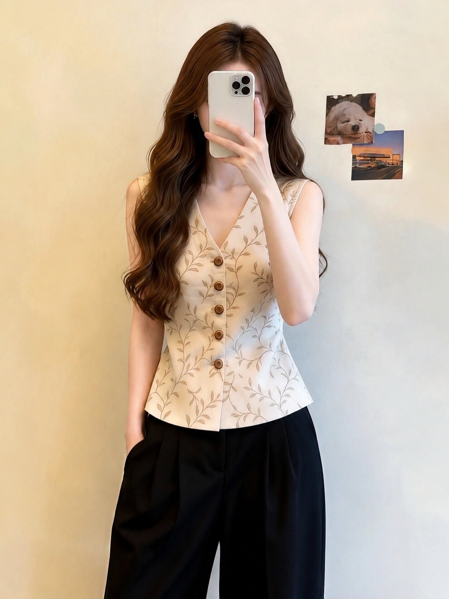 Beige Patterned Sleeveless Top for Women Summer 2026 Loose Plus Size Tummy Covering Unique Cami