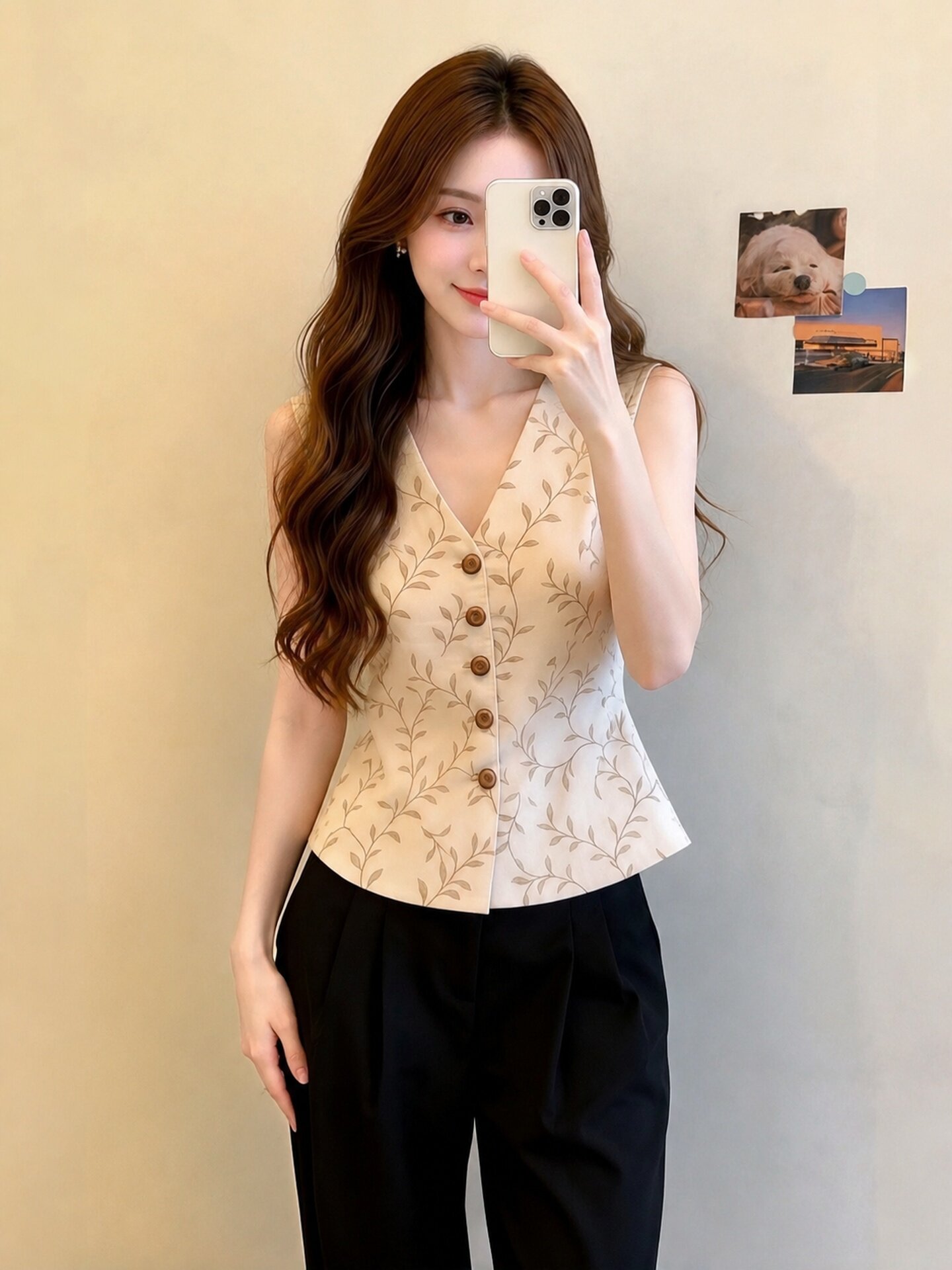Beige Patterned Sleeveless Top for Women Summer 2026 Loose Plus Size Tummy Covering Unique Cami - Image 2