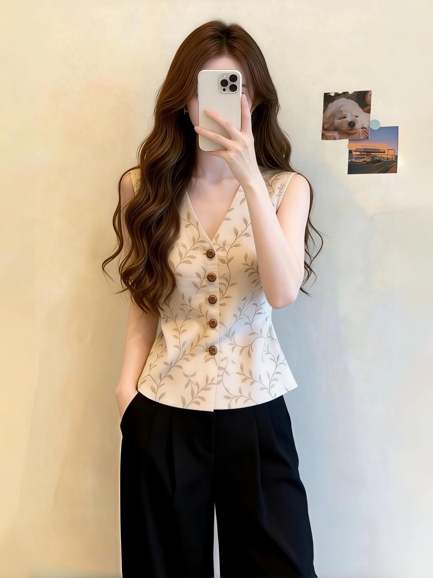 Beige Patterned Sleeveless Top for Women Summer 2026 Loose Plus Size Tummy Covering Unique Cami - Image 4