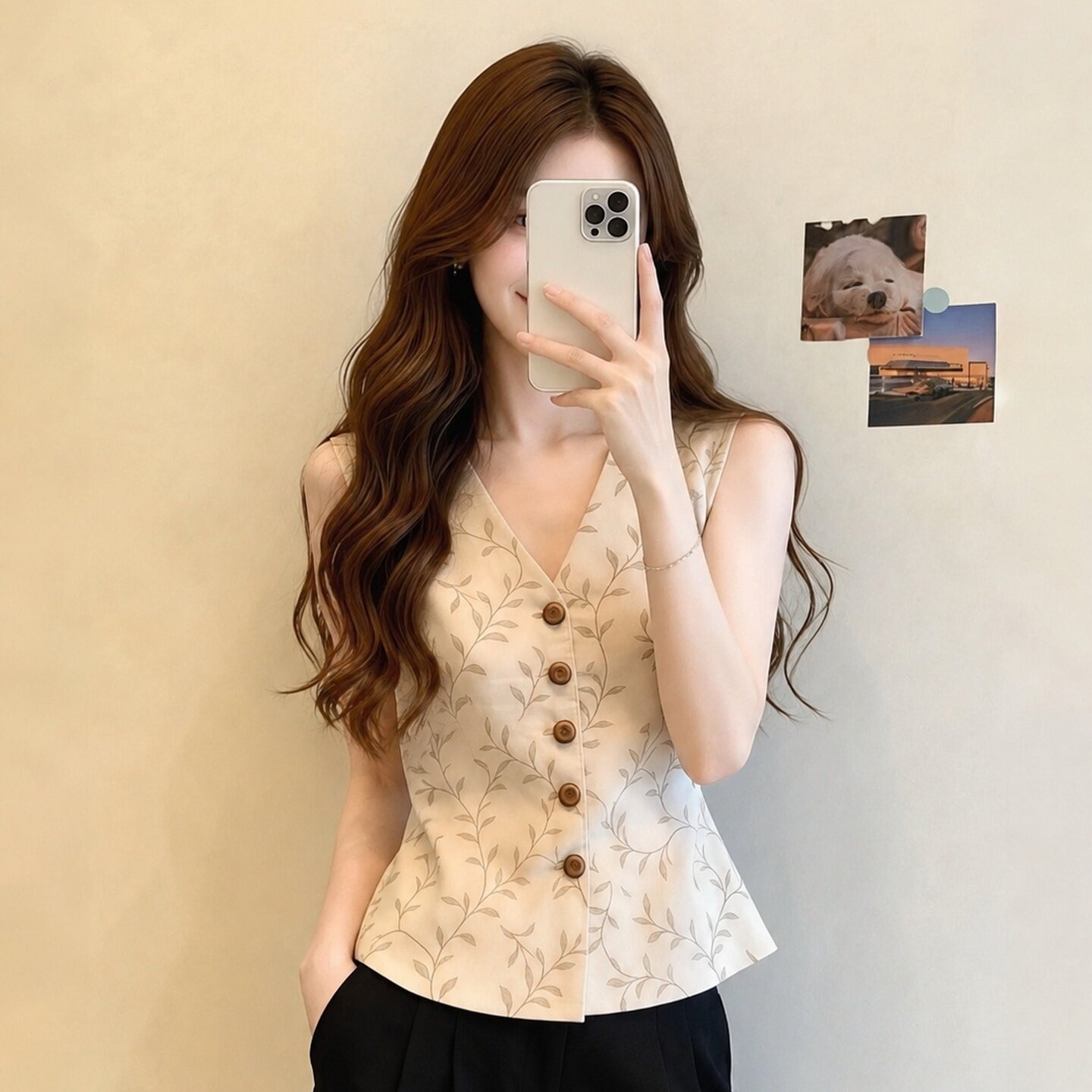 Beige Patterned Sleeveless Top for Women Summer 2026 Loose Plus Size Tummy Covering Unique Cami - Image 5