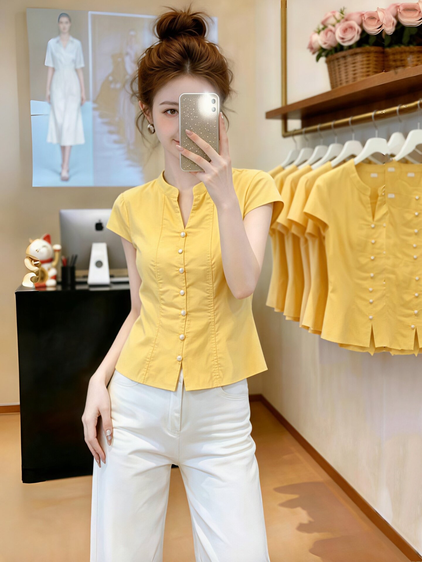 Lemon Yellow Slim Fit Women's Shirt 2026 Summer Short Sleeve Stand Collar Light Luxury New Top