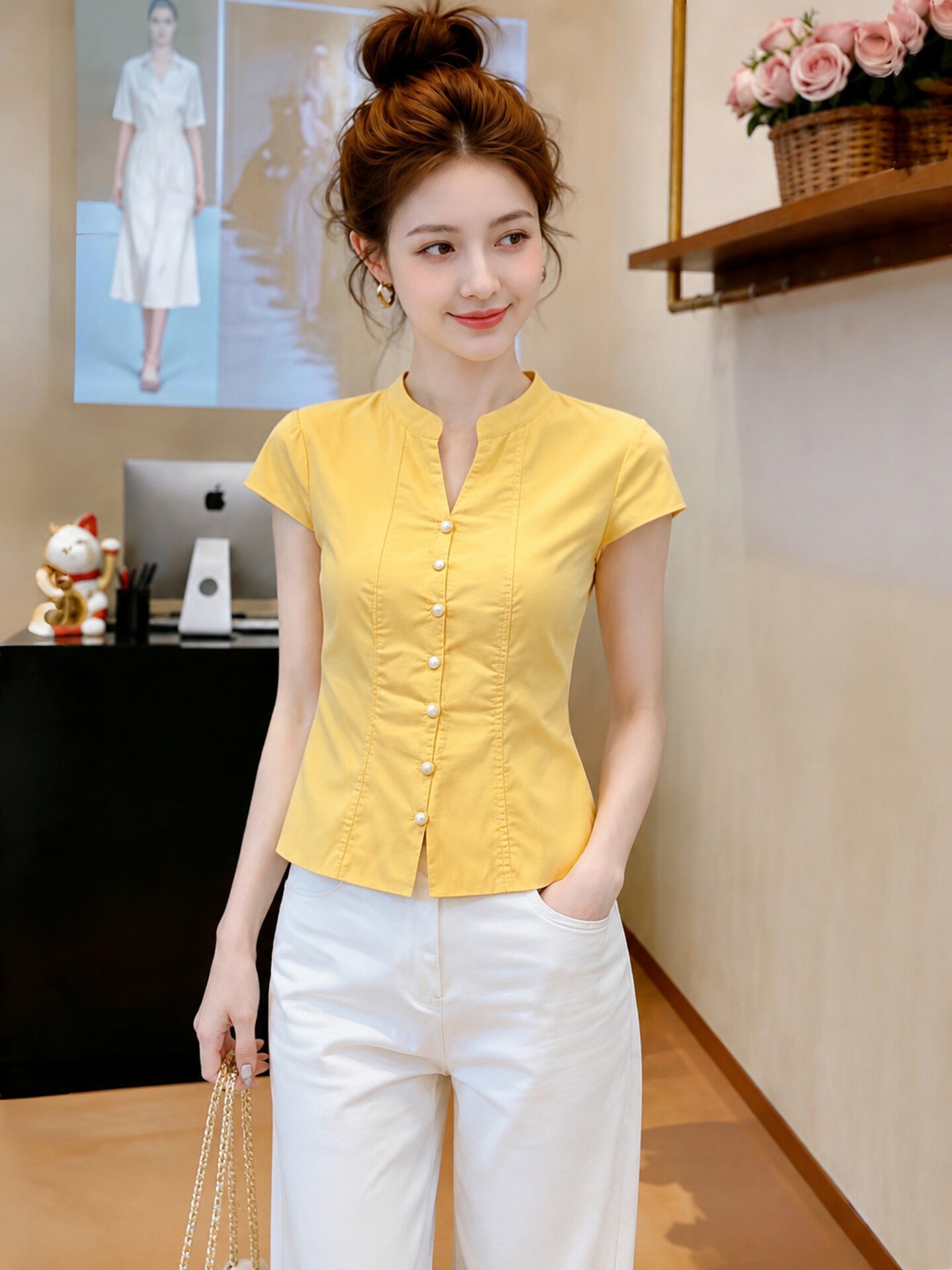 Lemon Yellow Slim Fit Women's Shirt 2026 Summer Short Sleeve Stand Collar Light Luxury New Top - Image 2