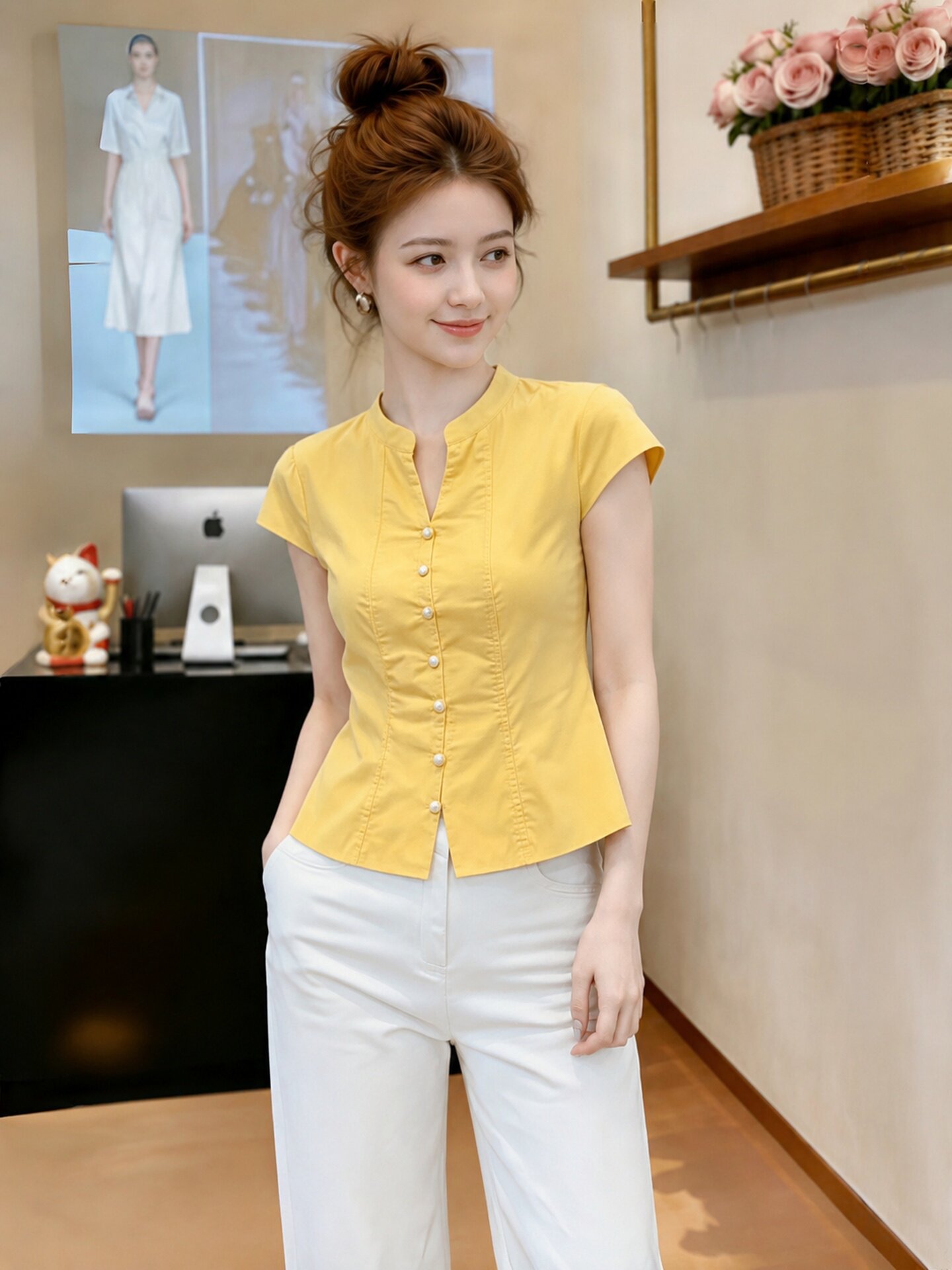 Lemon Yellow Slim Fit Women's Shirt 2026 Summer Short Sleeve Stand Collar Light Luxury New Top - Image 3