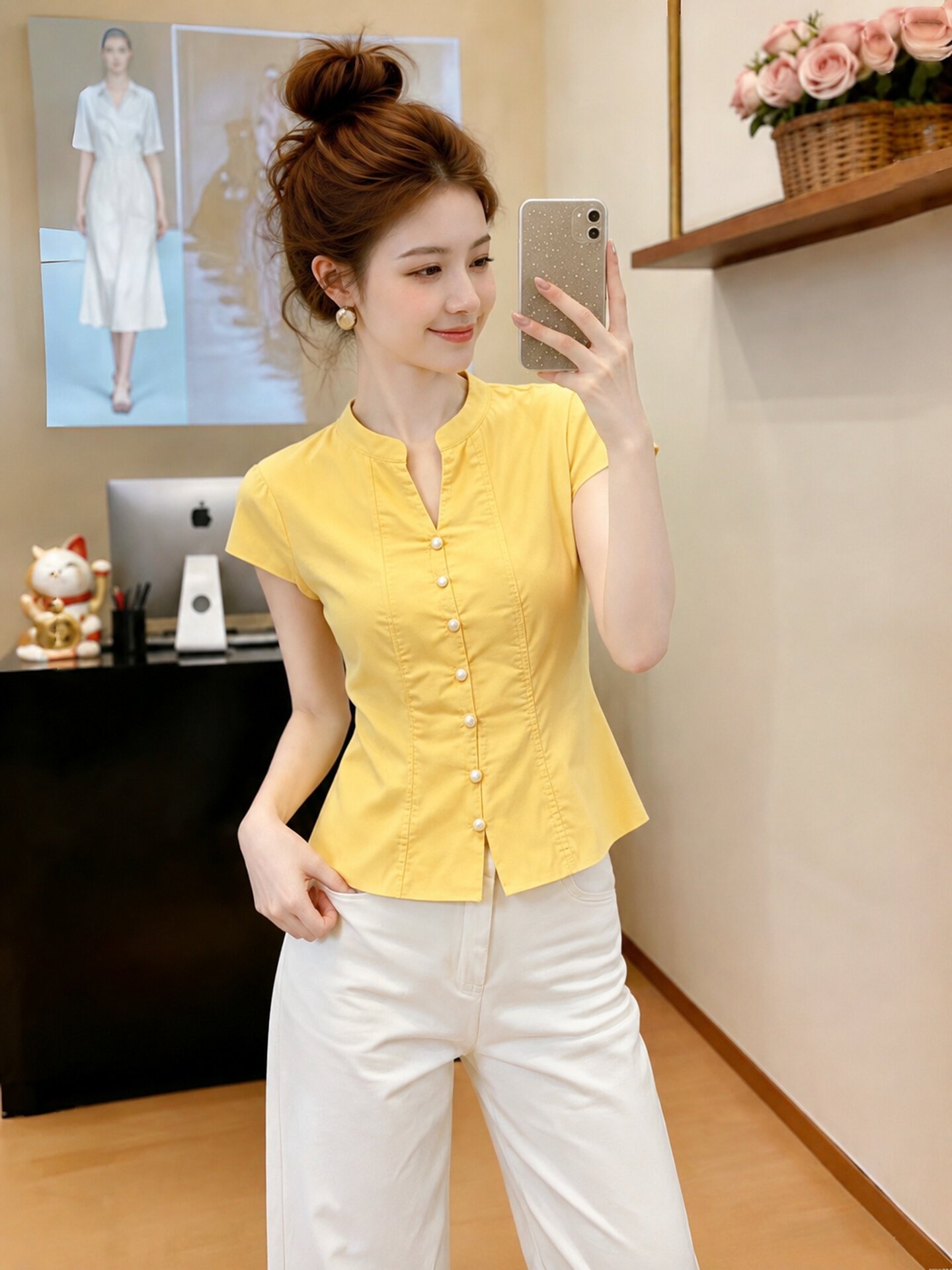 Lemon Yellow Slim Fit Women's Shirt 2026 Summer Short Sleeve Stand Collar Light Luxury New Top - Image 4