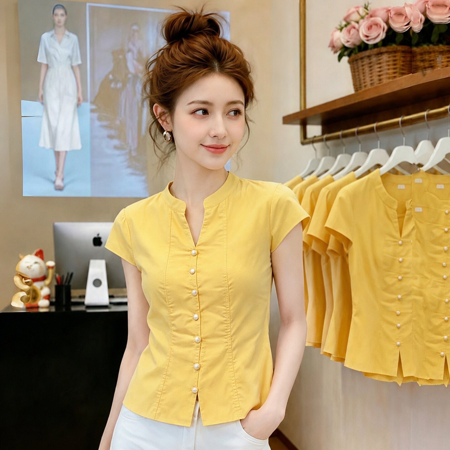 Lemon Yellow Slim Fit Women's Shirt 2026 Summer Short Sleeve Stand Collar Light Luxury New Top - Image 5