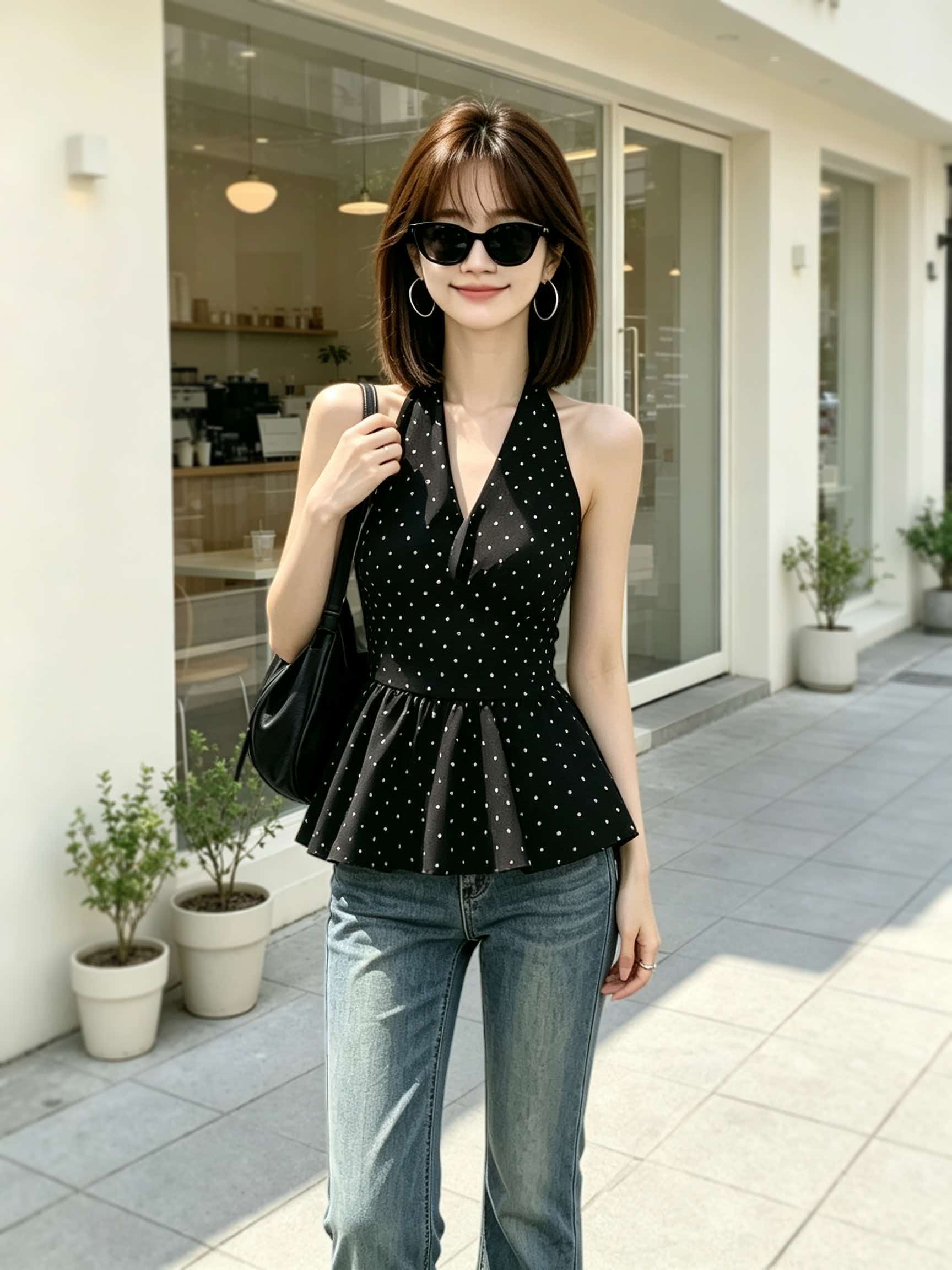 Retro Black Polka Dot V-Neck Cami Top for Women 2026 Summer Inner Layer