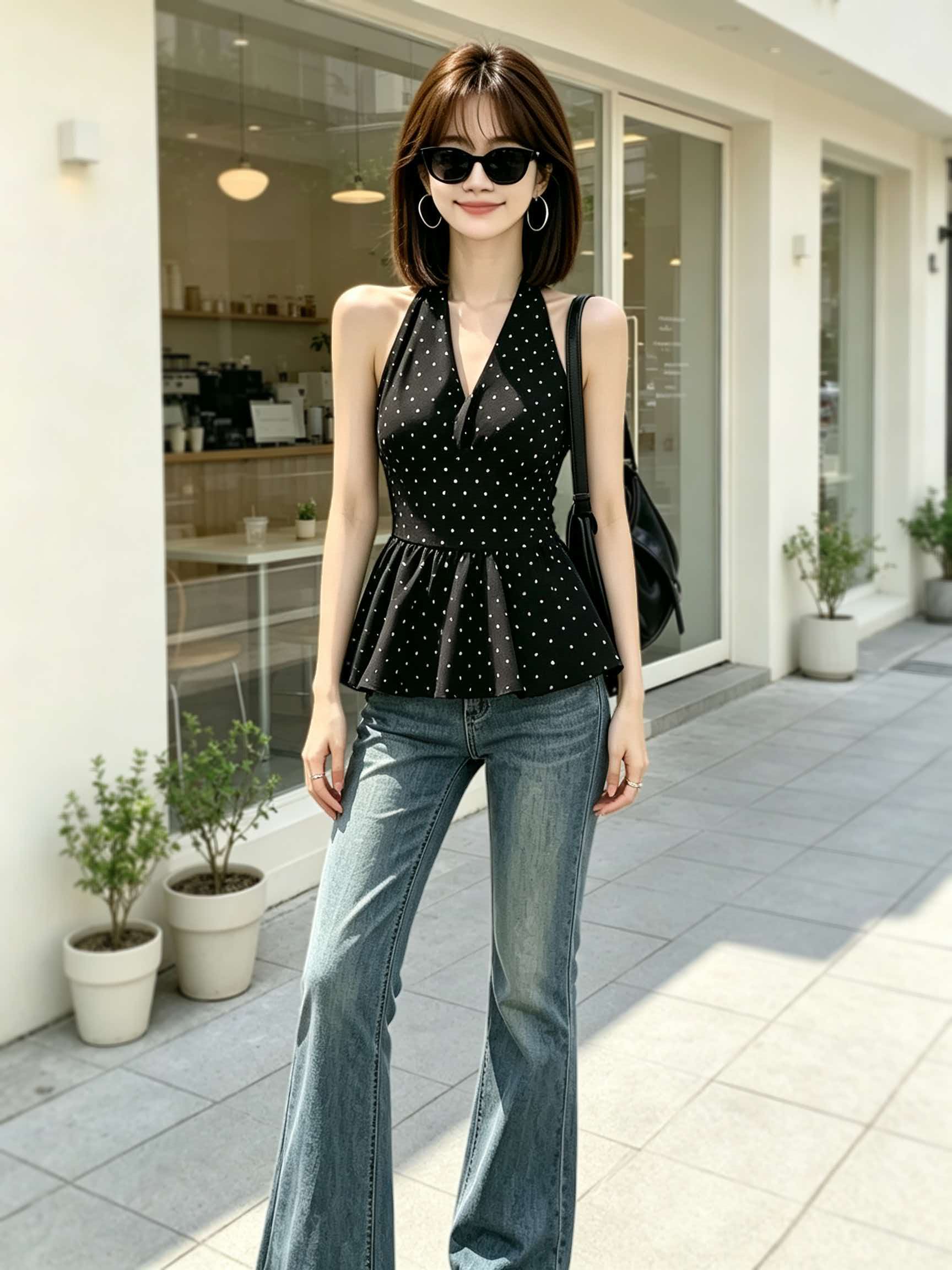 Retro Black Polka Dot V-Neck Cami Top for Women 2026 Summer Inner Layer - Image 3