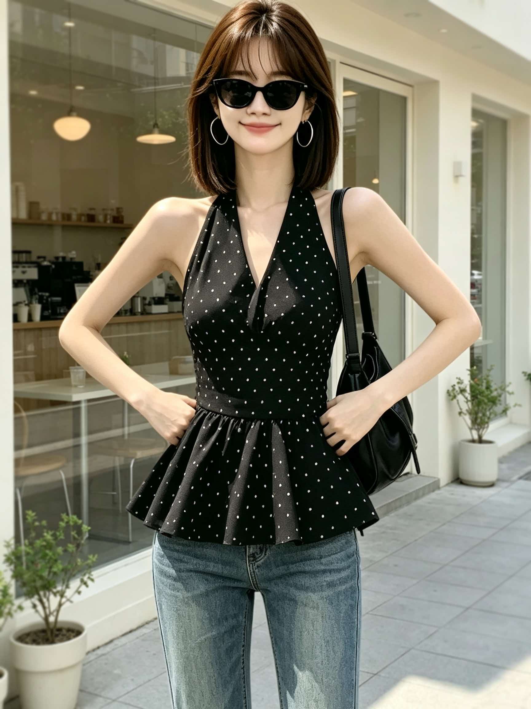 Retro Black Polka Dot V-Neck Cami Top for Women 2026 Summer Inner Layer - Image 2