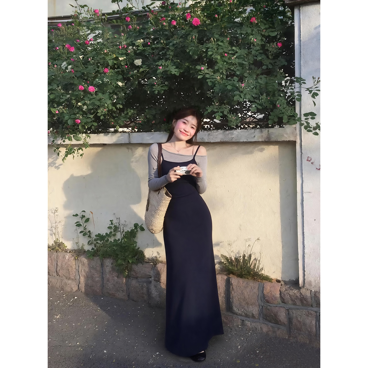 Sweet Off-Shoulder Color-Block A-Line Dress with Long Sleeves - Image 4