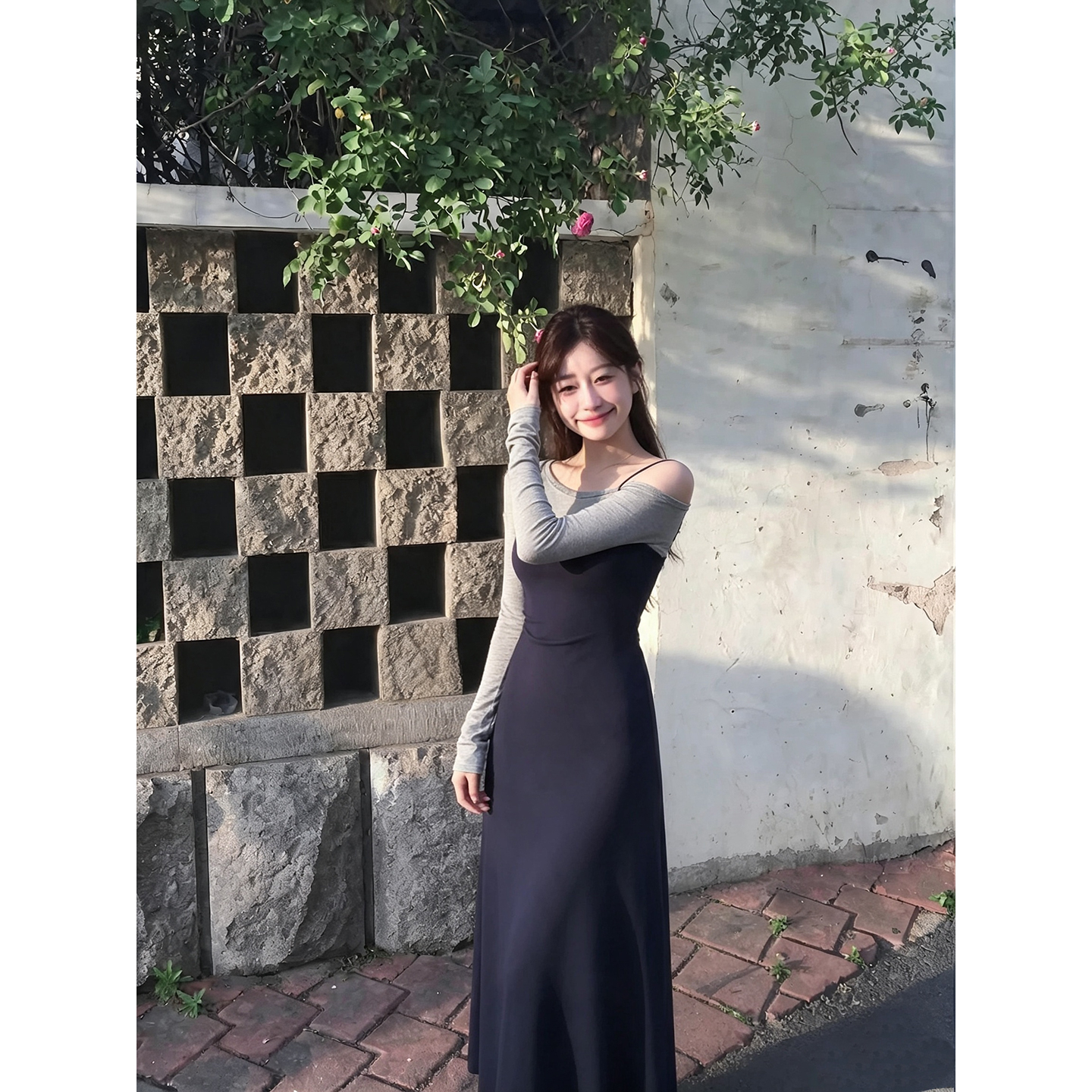 Sweet Off-Shoulder Color-Block A-Line Dress with Long Sleeves - Image 2