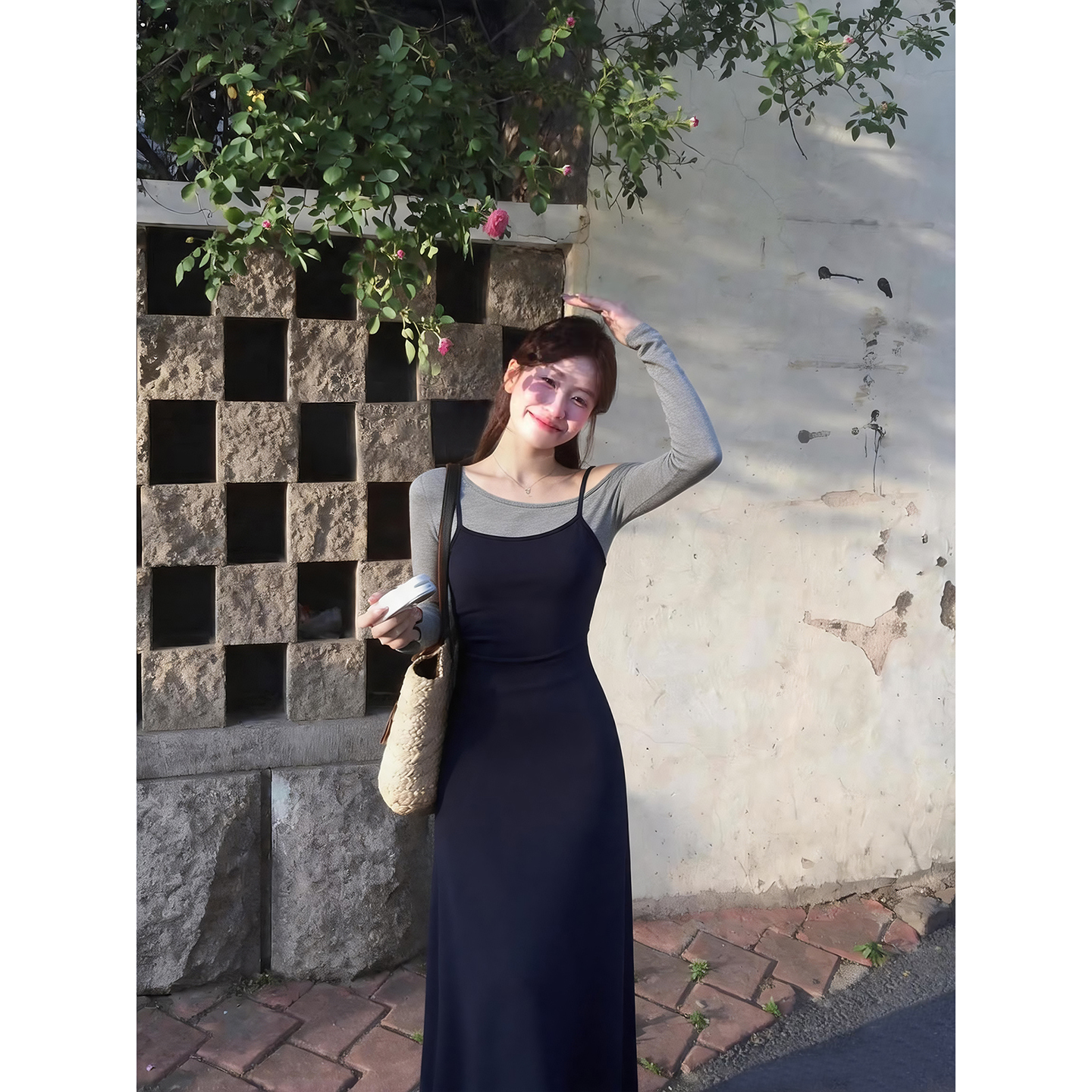 Sweet Off-Shoulder Color-Block A-Line Dress with Long Sleeves