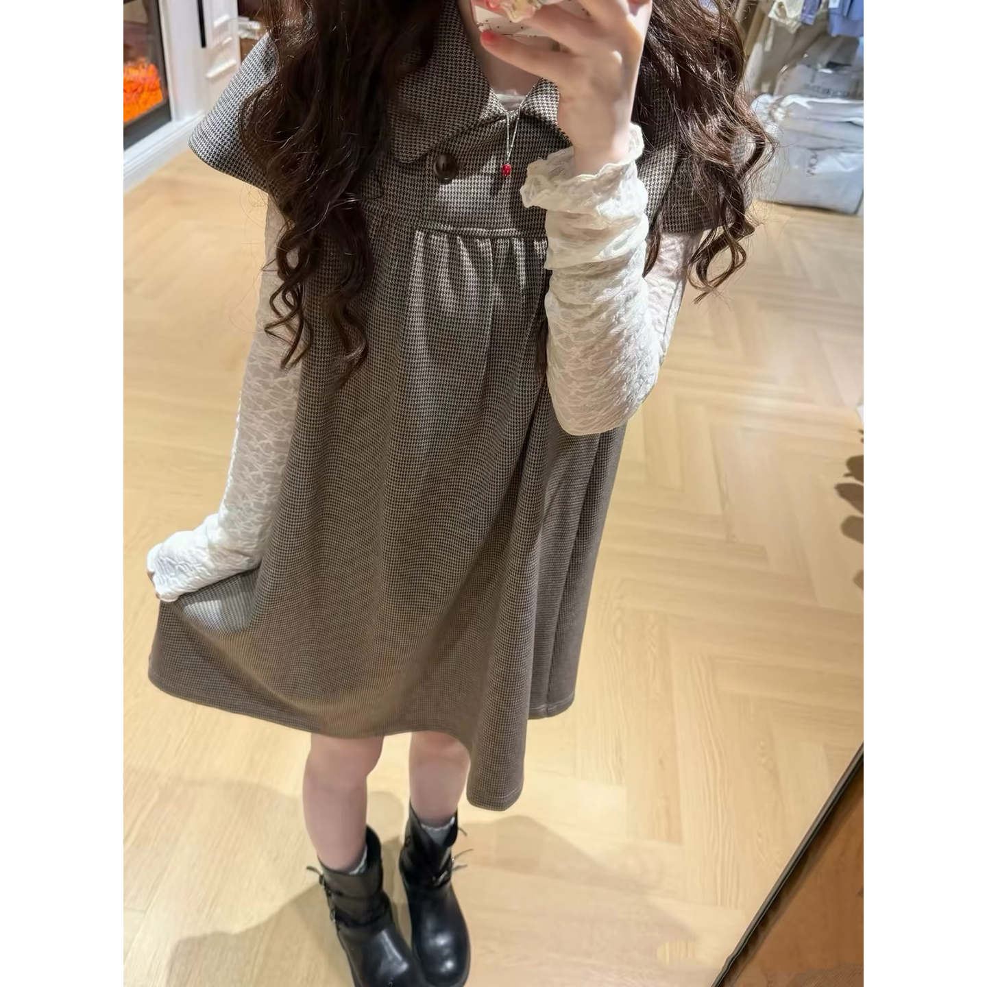 Little Chanel Style Houndstooth Vest Dress with Lace Base Layer