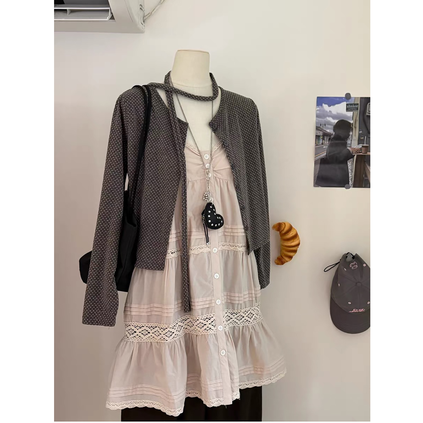 Korean Sweet Polka Dot Coffee Knit Cardigan and Lace Trim Cami Dress Two Piece Set - Image 3