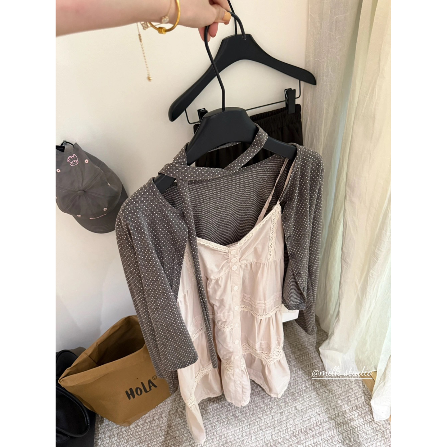 Korean Sweet Polka Dot Coffee Knit Cardigan and Lace Trim Cami Dress Two Piece Set - Image 5