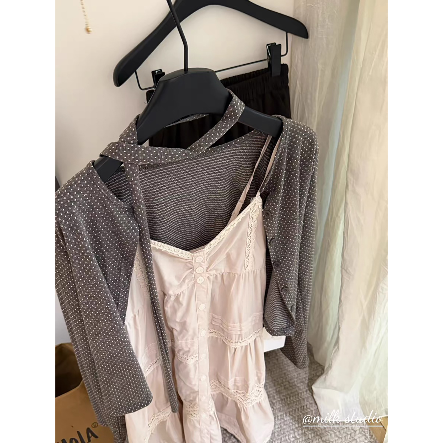 Korean Sweet Polka Dot Coffee Knit Cardigan and Lace Trim Cami Dress Two Piece Set - Image 4