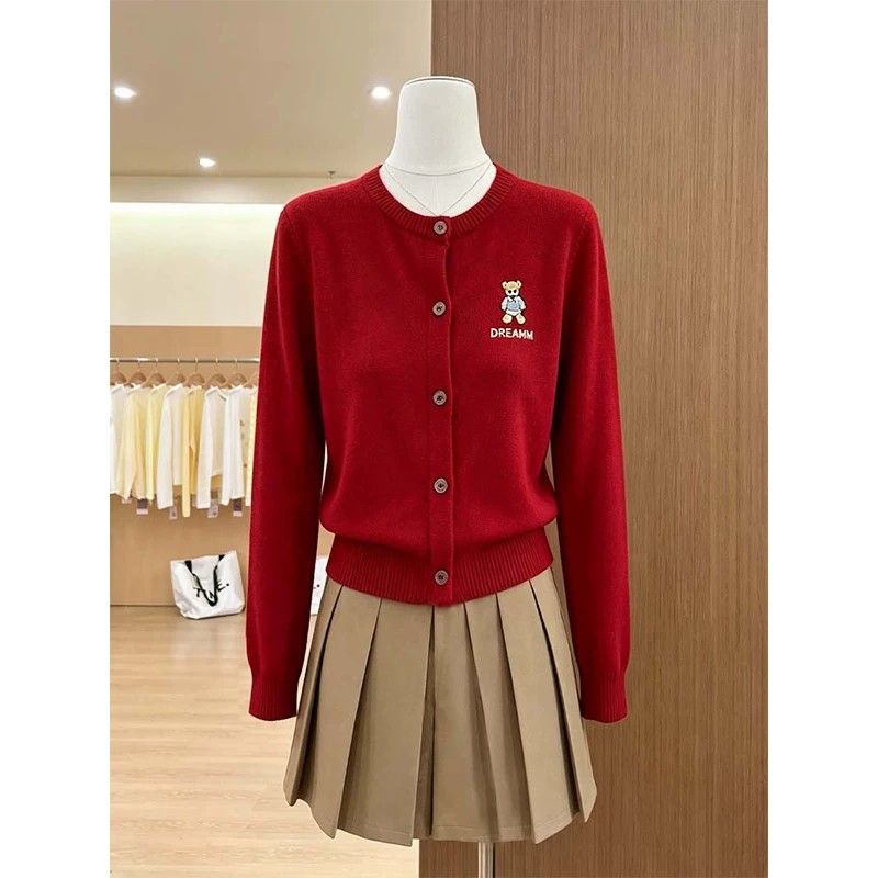Korean Style Red Embroidered Flower Knit Cardigan for Women Round Neck Versatile Top - Image 5