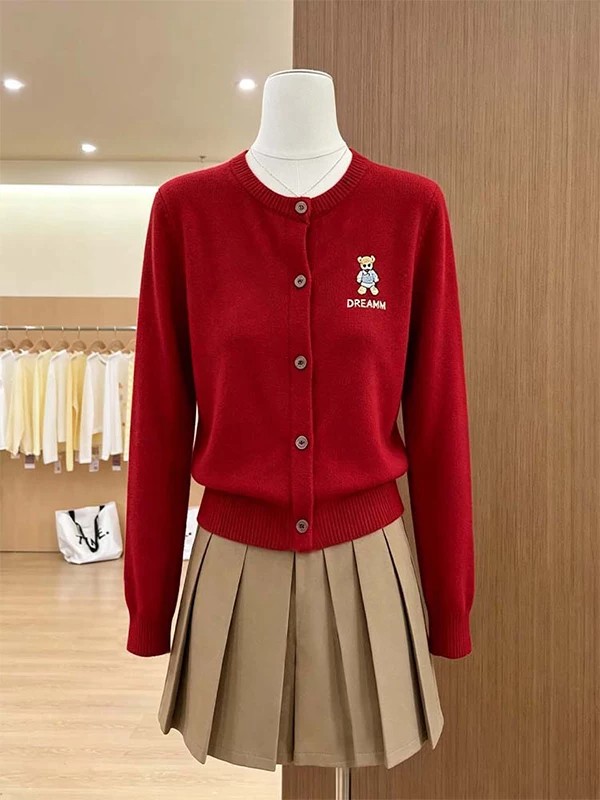 Korean Style Red Embroidered Flower Knit Cardigan for Women Round Neck Versatile Top - Image 4