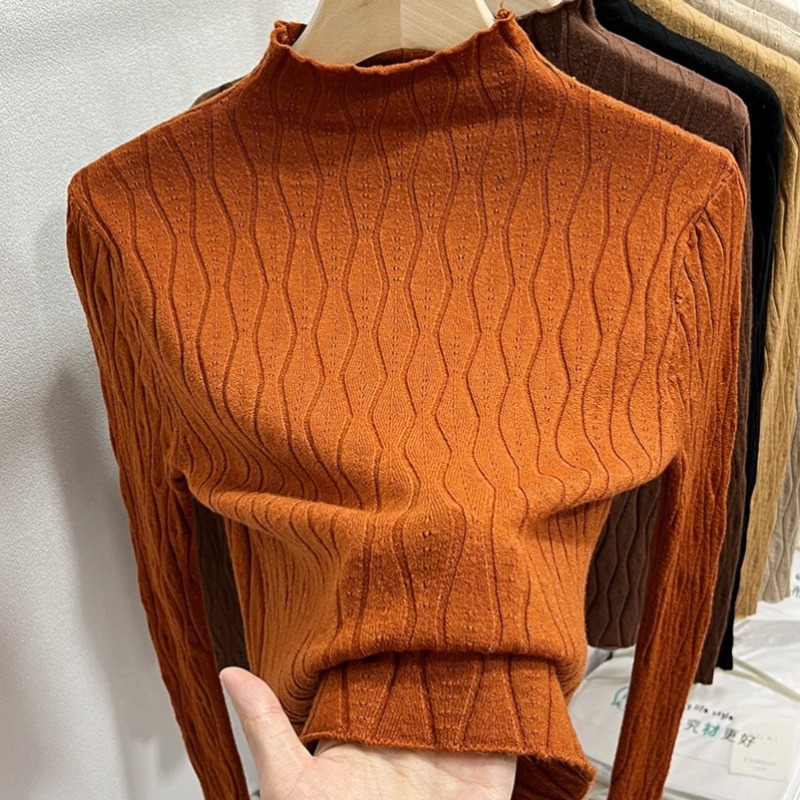Women's White Mock Neck Openwork Knit Sweater 2026 Fall Slim Fit Short Pullover Top - Image 5